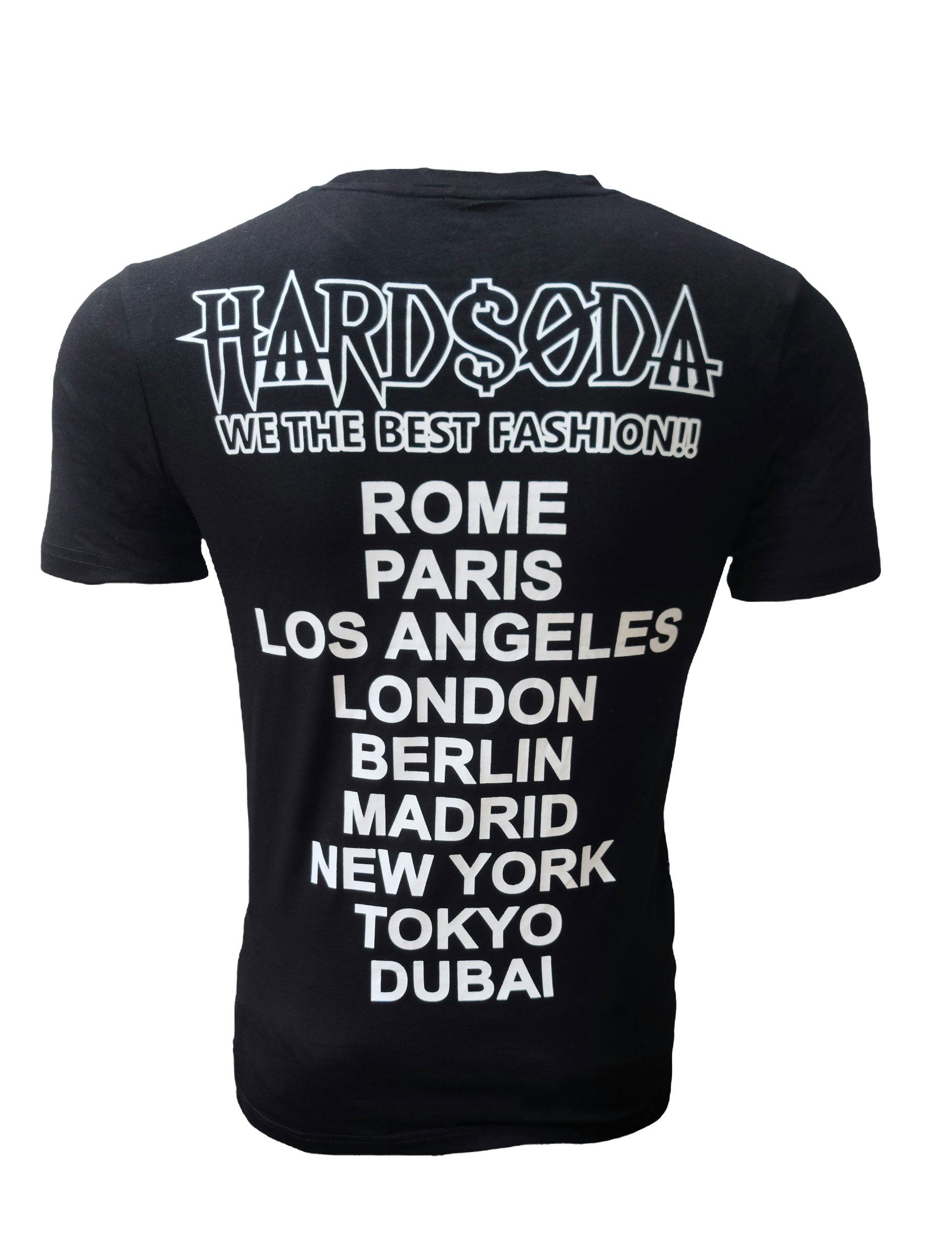 Back view of unisex t-shirt with bold white city names print – Hard Soda design