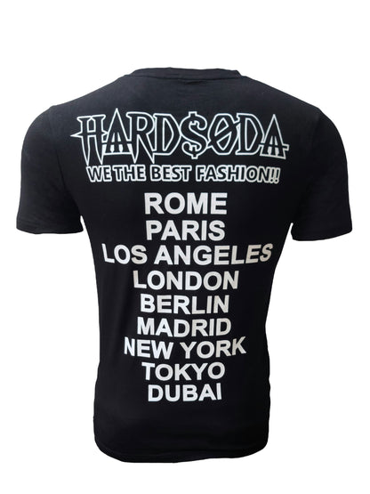 Back view of unisex t-shirt with bold white city names print – Hard Soda design