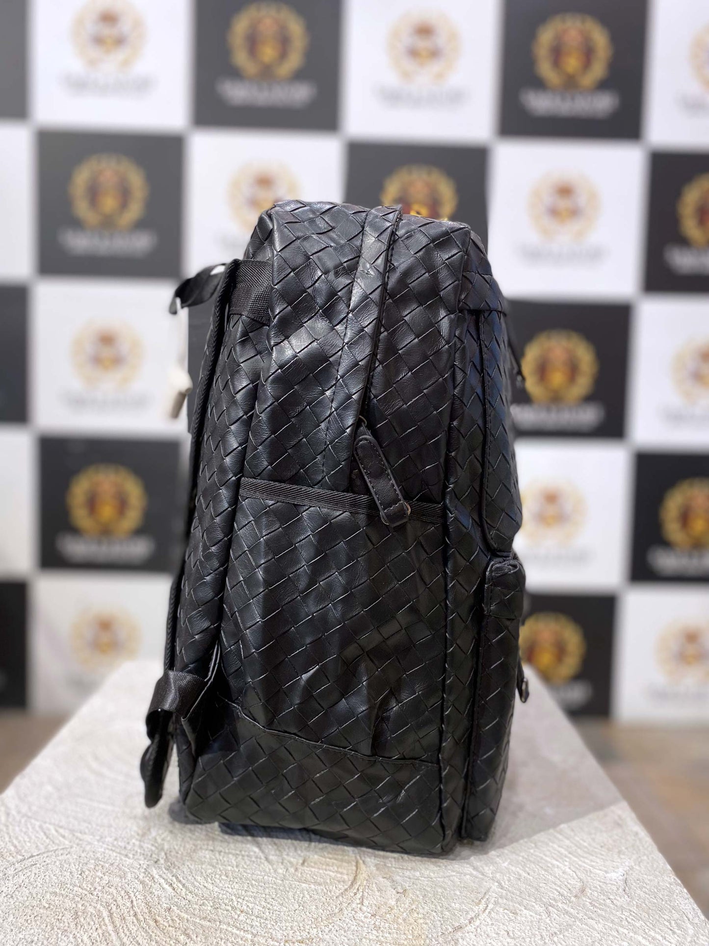 Woven Black Leather Backpack – Stylish & Unisex