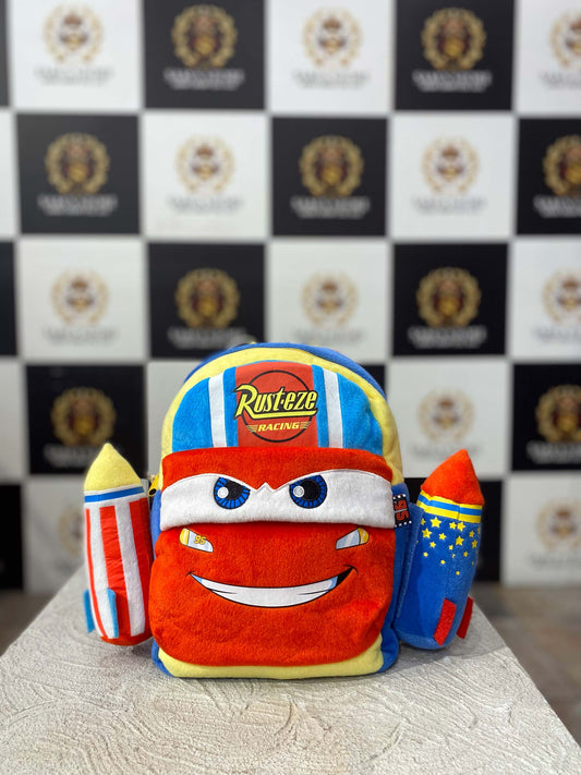 Lightning Car kids plush backpack in red, blue and yellow with rocket side pockets