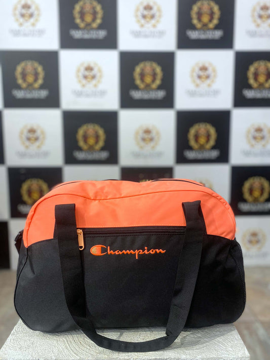 Champion unisex duffle bag in pink and black color with front zip pocket and logo branding