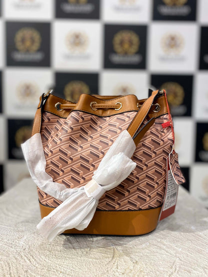 Stylish Patterned Bucket Handbag with Leather Trim