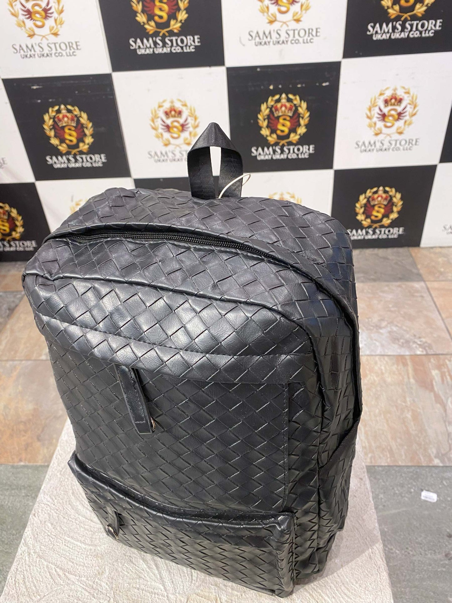 Woven Black Leather Backpack – Stylish & Unisex