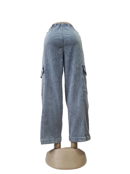 Unisex Light Blue Wide-Leg Cargo Jeans – Size Medium