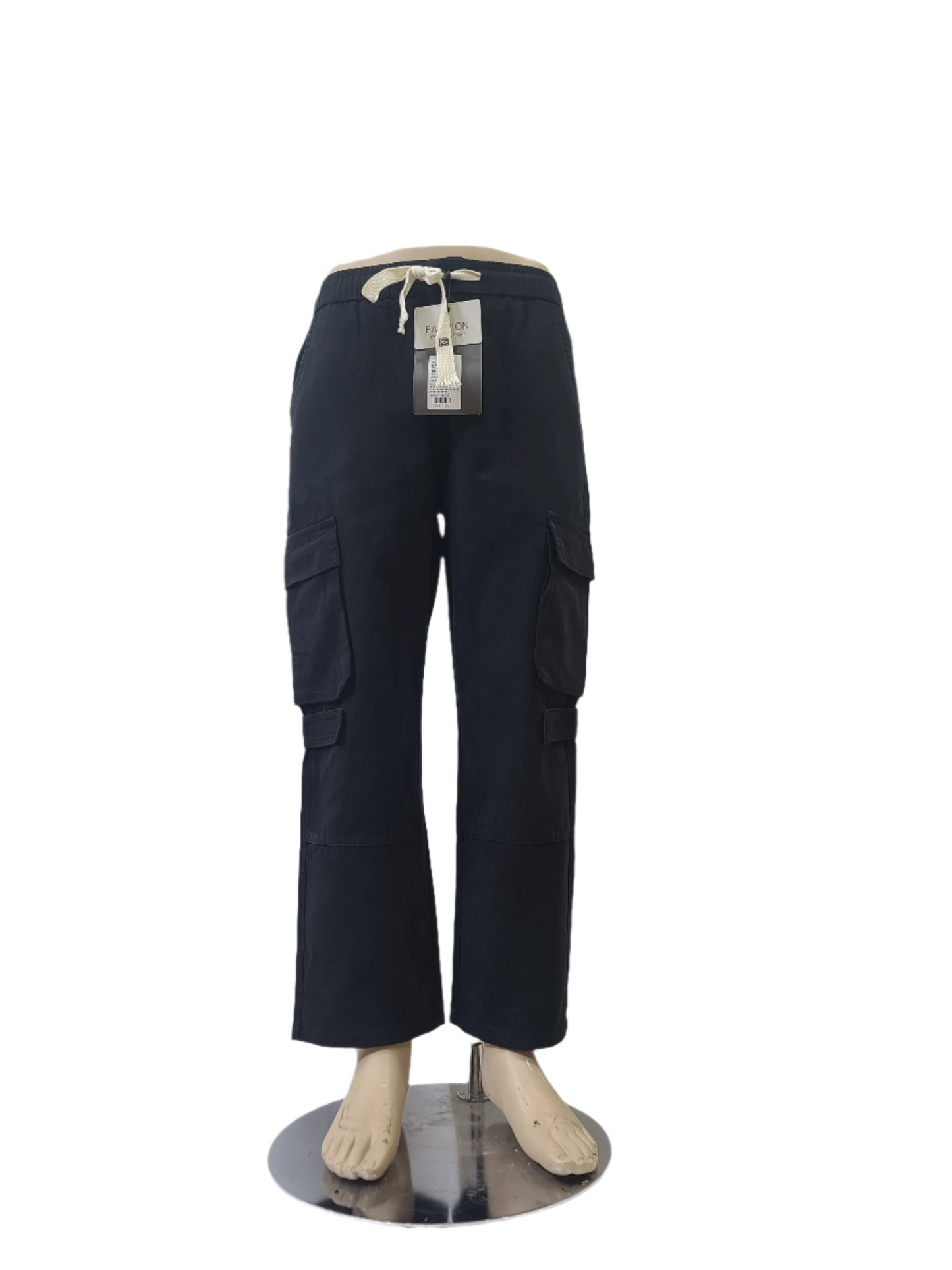 Fashion unisex black cargo pants with drawstring waist and flap pockets – size small