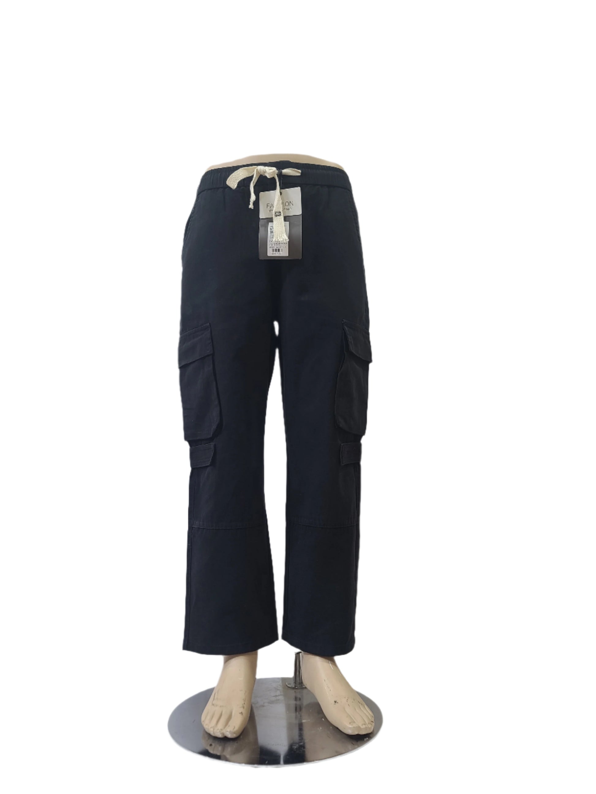 Fashion unisex black cargo pants with drawstring waist and flap pockets – size small