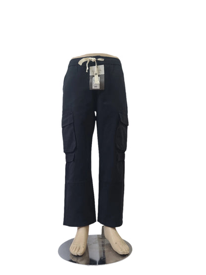 Fashion unisex black cargo pants with drawstring waist and flap pockets – size small