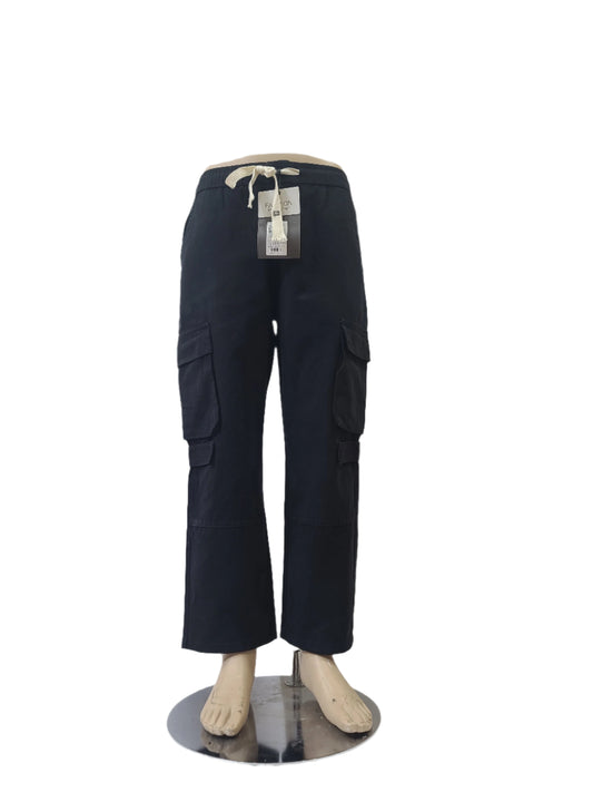 Fashion unisex black cargo pants with drawstring waist and flap pockets – size small