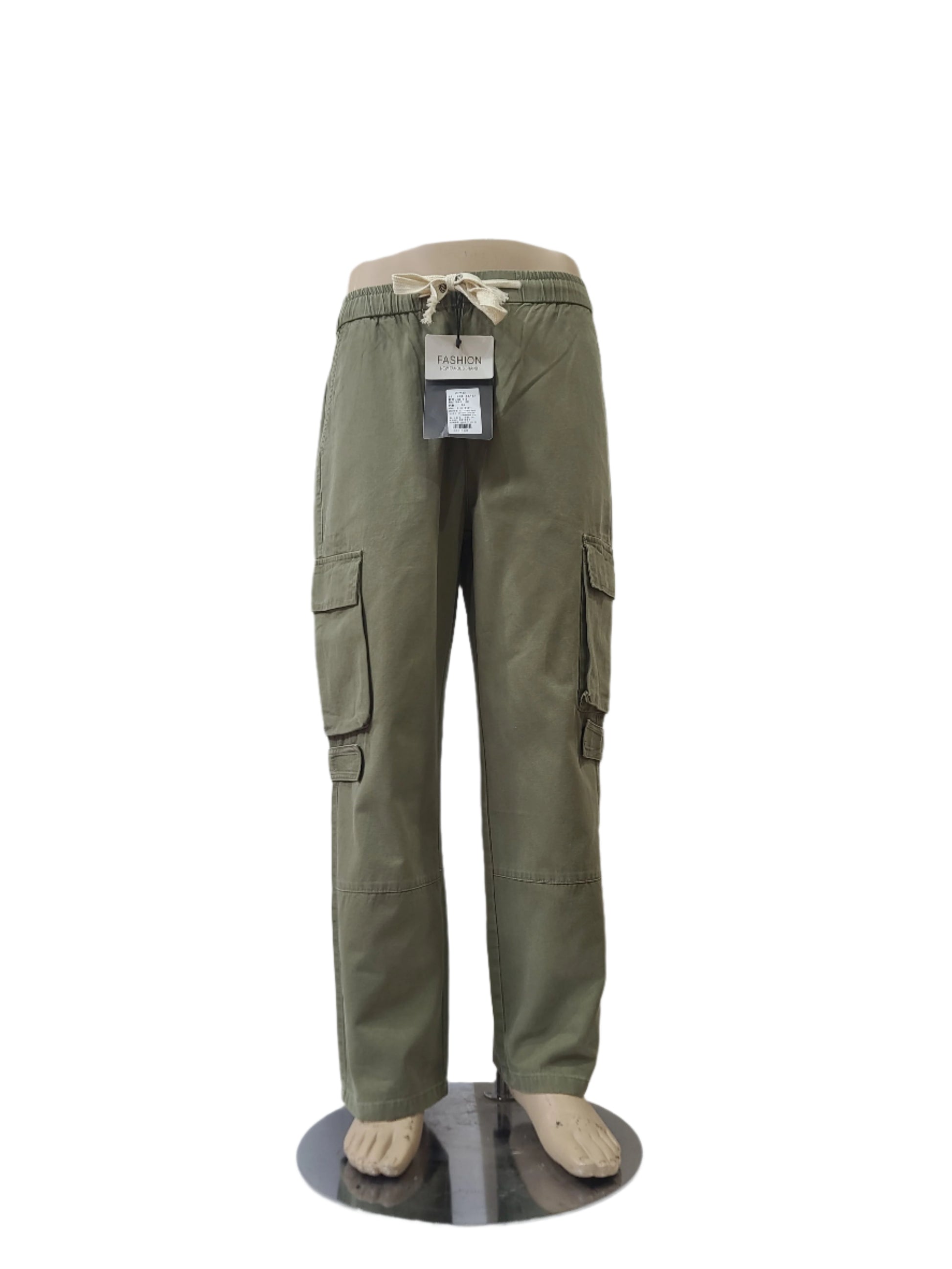 Fashion unisex olive green cargo pants with drawstring waist – size medium