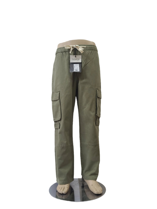 Fashion unisex olive green cargo pants with drawstring waist – size medium