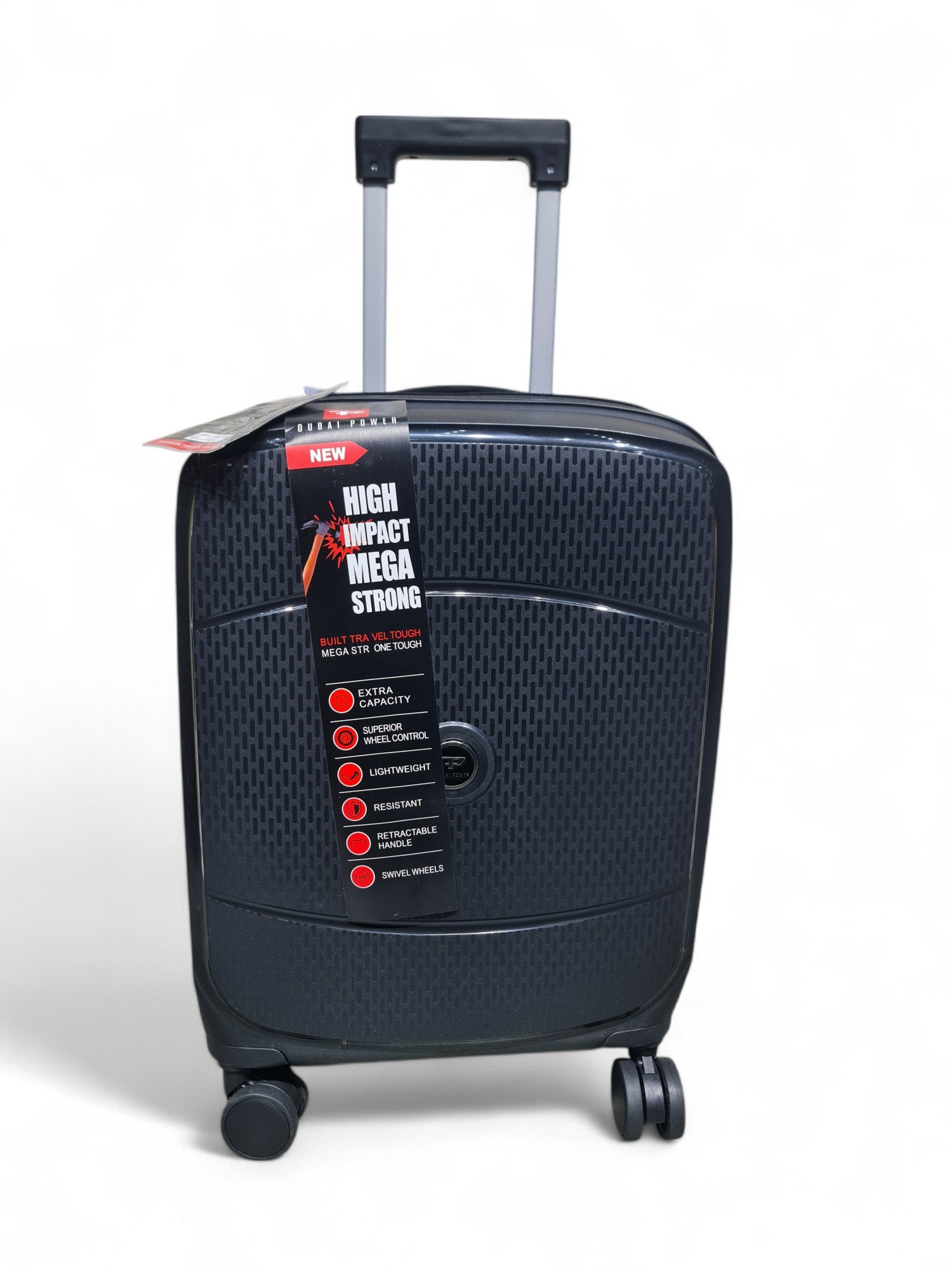 Black suitcase with a label on a white background
