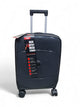 Black suitcase with a label on a white background