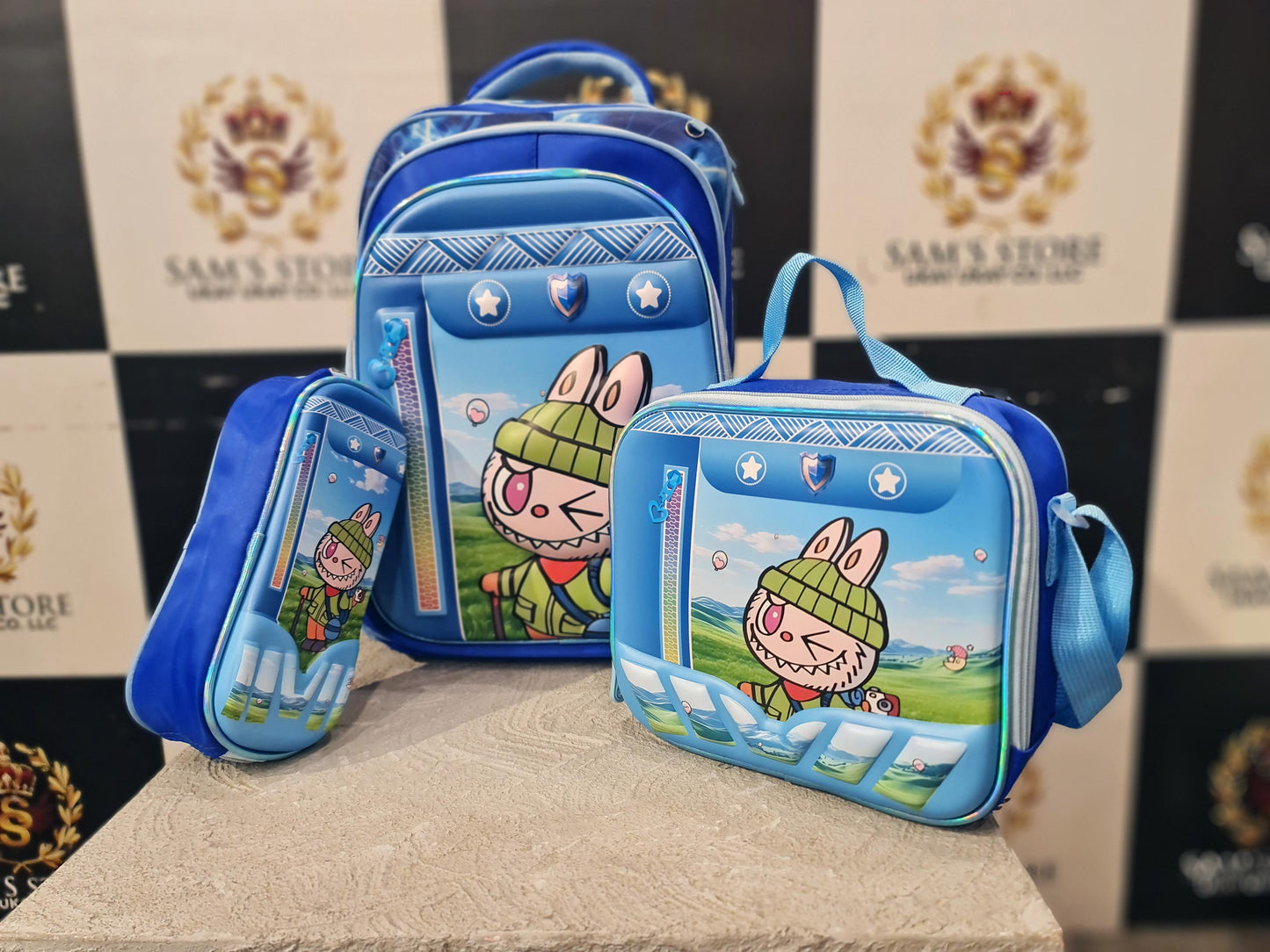 Blue Bunny Cartoon School Bag Set – 3-in-1 Backpack, Lunch Bag & Pencil Case
