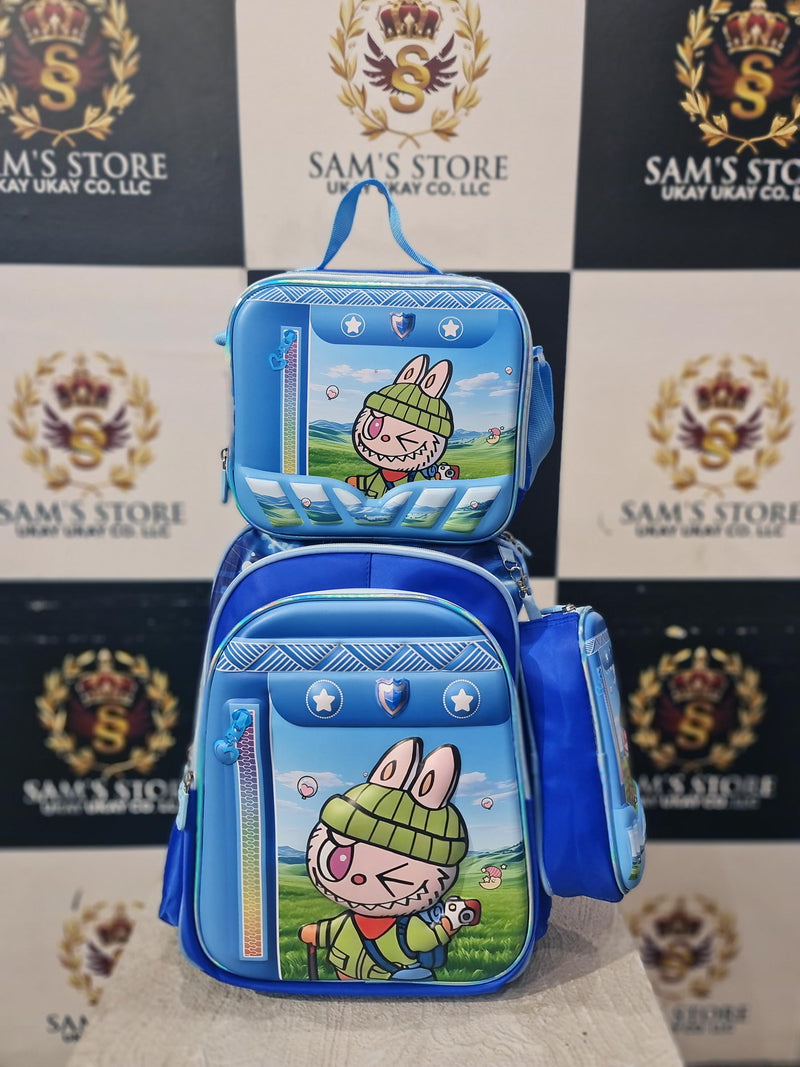 Blue Bunny Cartoon School Bag Set – 3-in-1 Backpack, Lunch Bag & Pencil Case