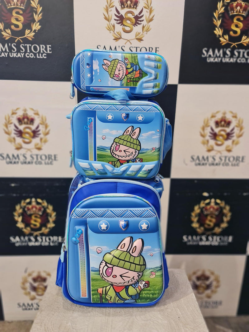 Blue Bunny Cartoon School Bag Set – 3-in-1 Backpack, Lunch Bag & Pencil Case