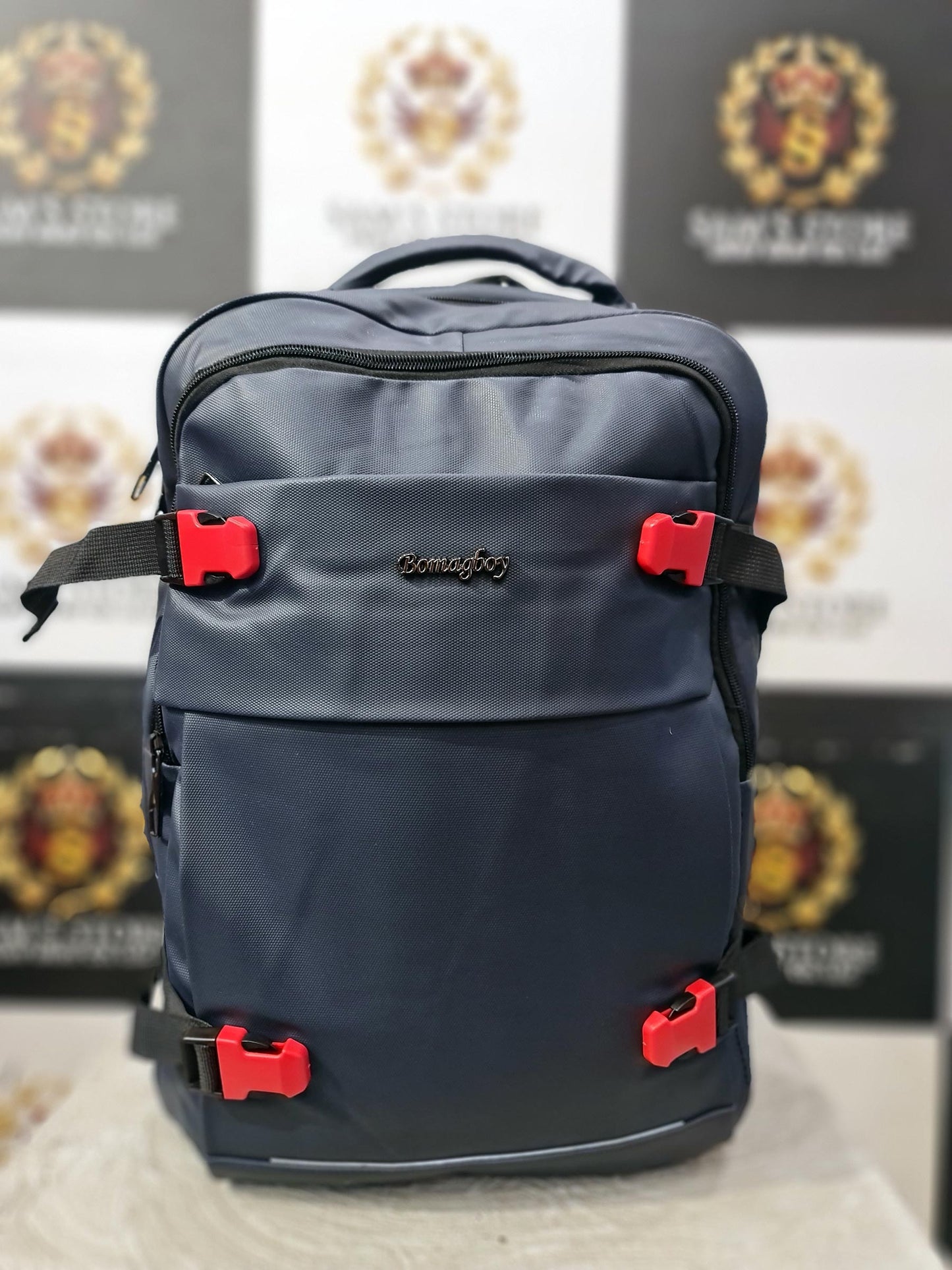 Navy Blue Laptop Backpack with Red Buckles – 17” Spacious Design