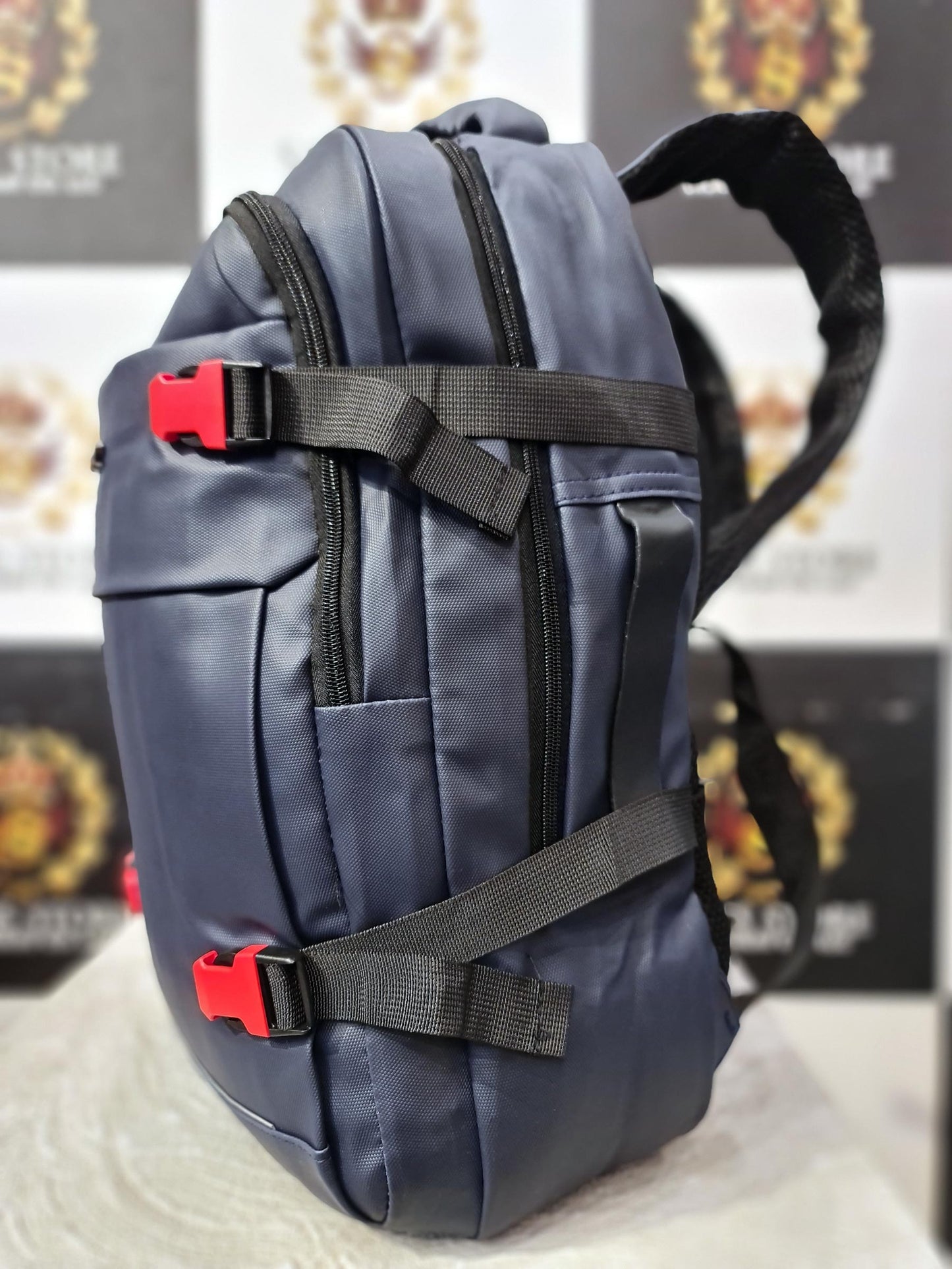 Navy Blue Laptop Backpack with Red Buckles – 17” Spacious Design