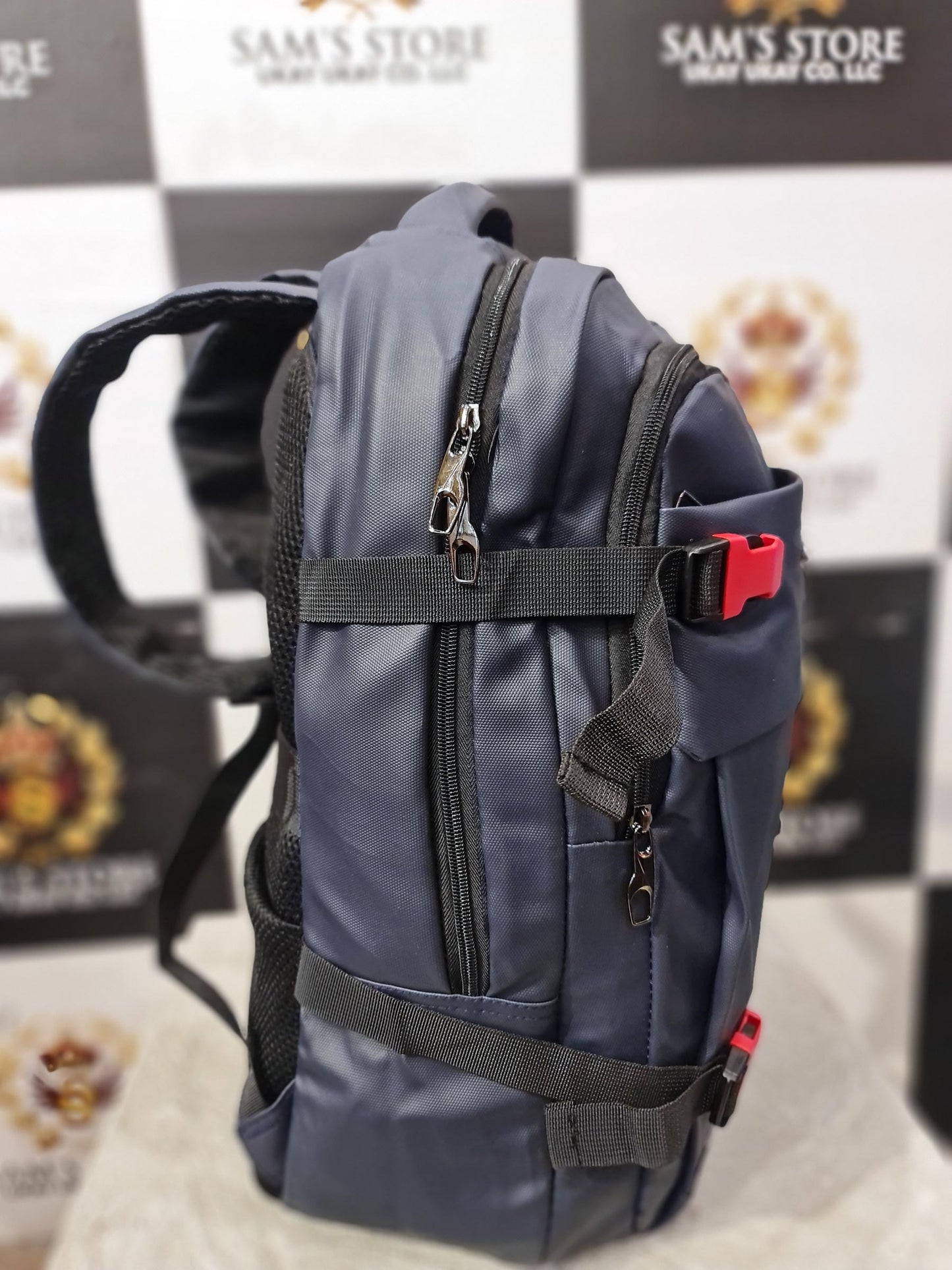 Navy Blue Laptop Backpack with Red Buckles – 17” Spacious Design