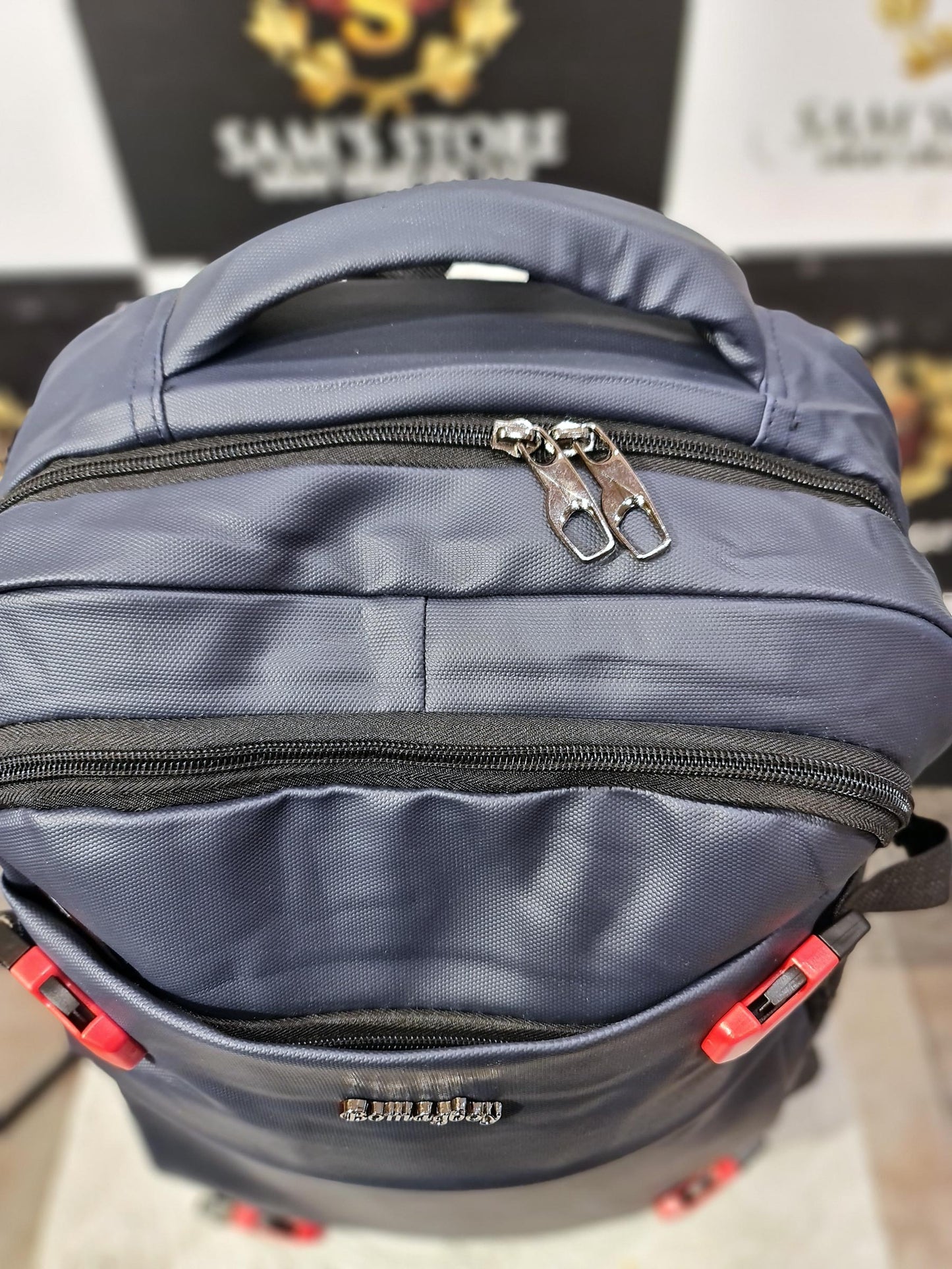 Navy Blue Laptop Backpack with Red Buckles – 17” Spacious Design