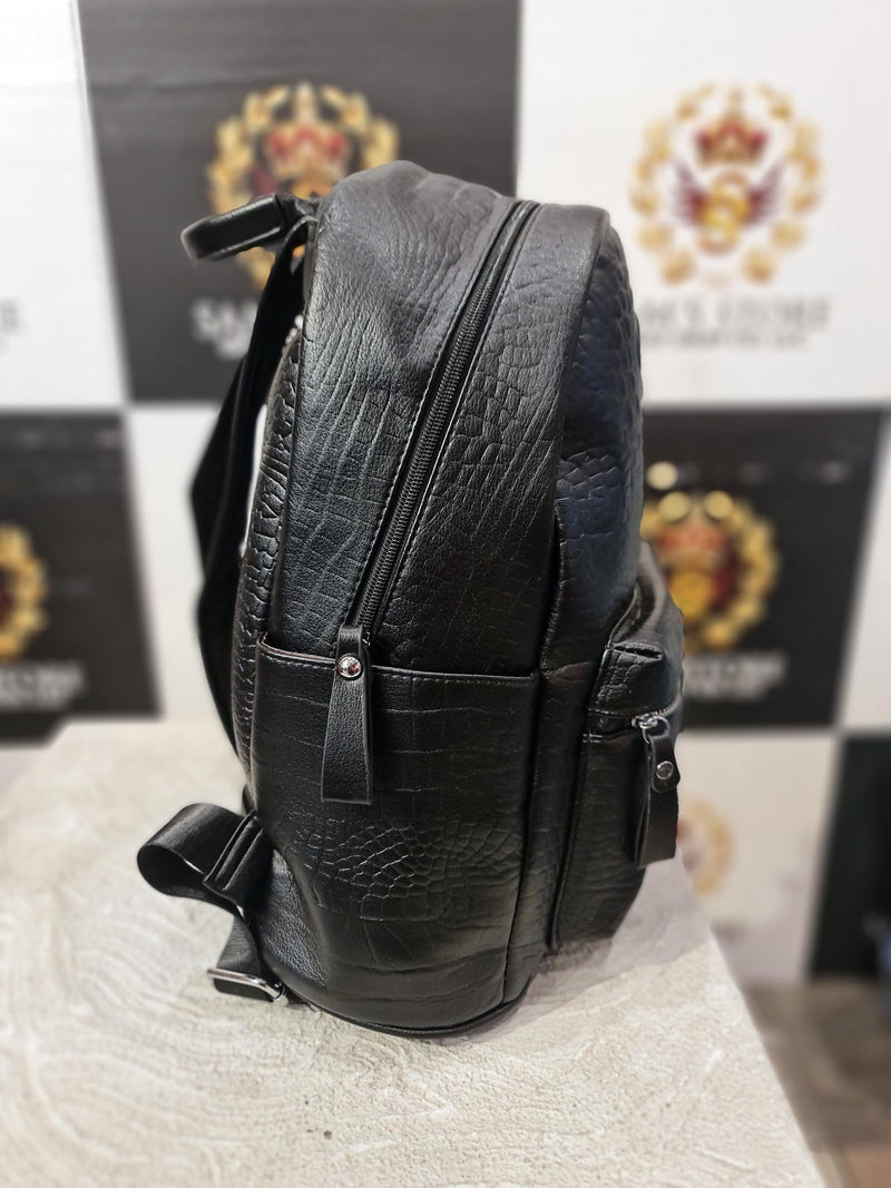 Black Textured Faux Leather Backpack – Compact & Stylish