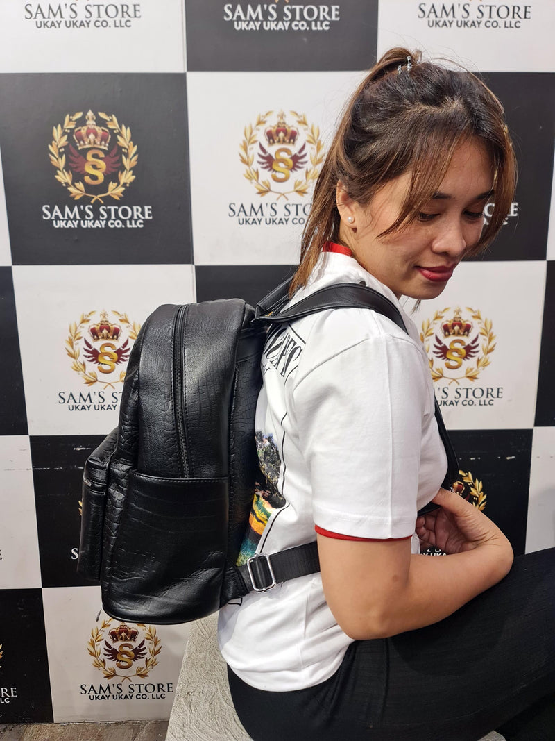 Black Textured Faux Leather Backpack – Compact & Stylish