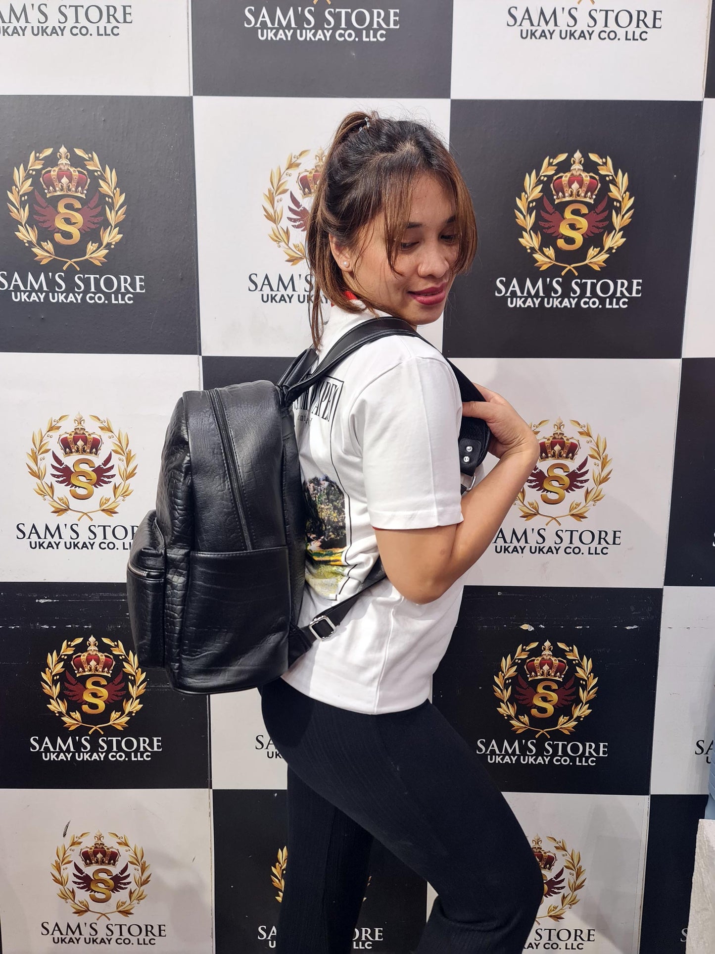Black Textured Faux Leather Backpack – Compact & Stylish