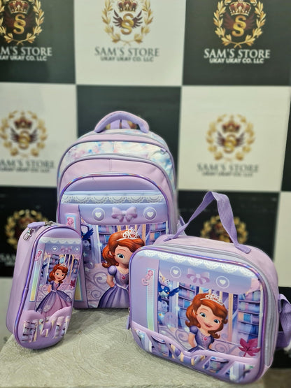 Princess Girl School Bag Set – 3 Pcs (Backpack + Lunch + Pencil Case) – Purple