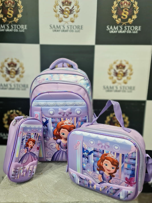 Princess Girl School Bag Set – 3 Pcs (Backpack + Lunch + Pencil Case) – Purple