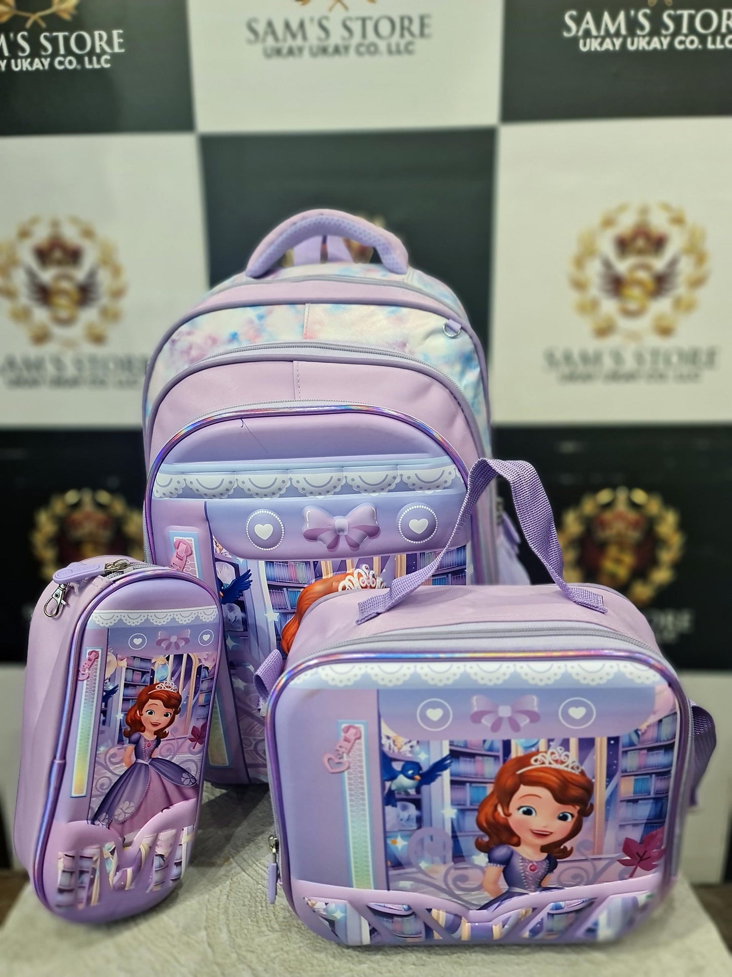 Princess Girl School Bag Set – 3 Pcs (Backpack + Lunch + Pencil Case) – Purple