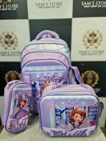 Princess Girl School Bag Set – 3 Pcs (Backpack + Lunch + Pencil Case) – Purple