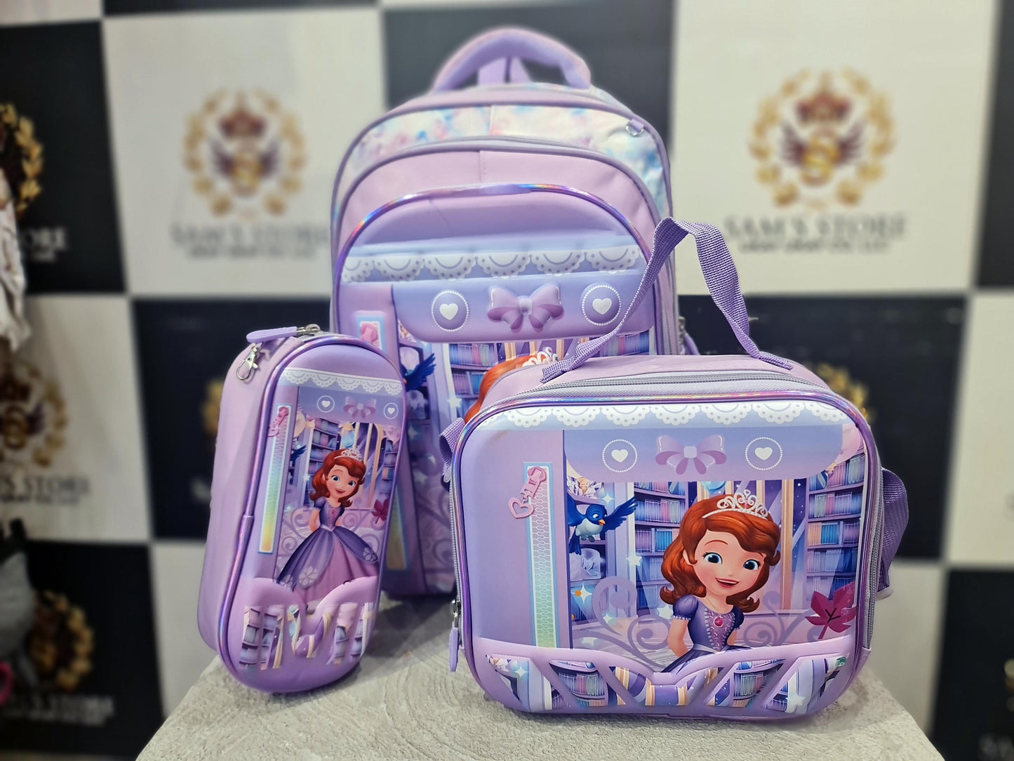 Princess Girl School Bag Set – 3 Pcs (Backpack + Lunch + Pencil Case) – Purple