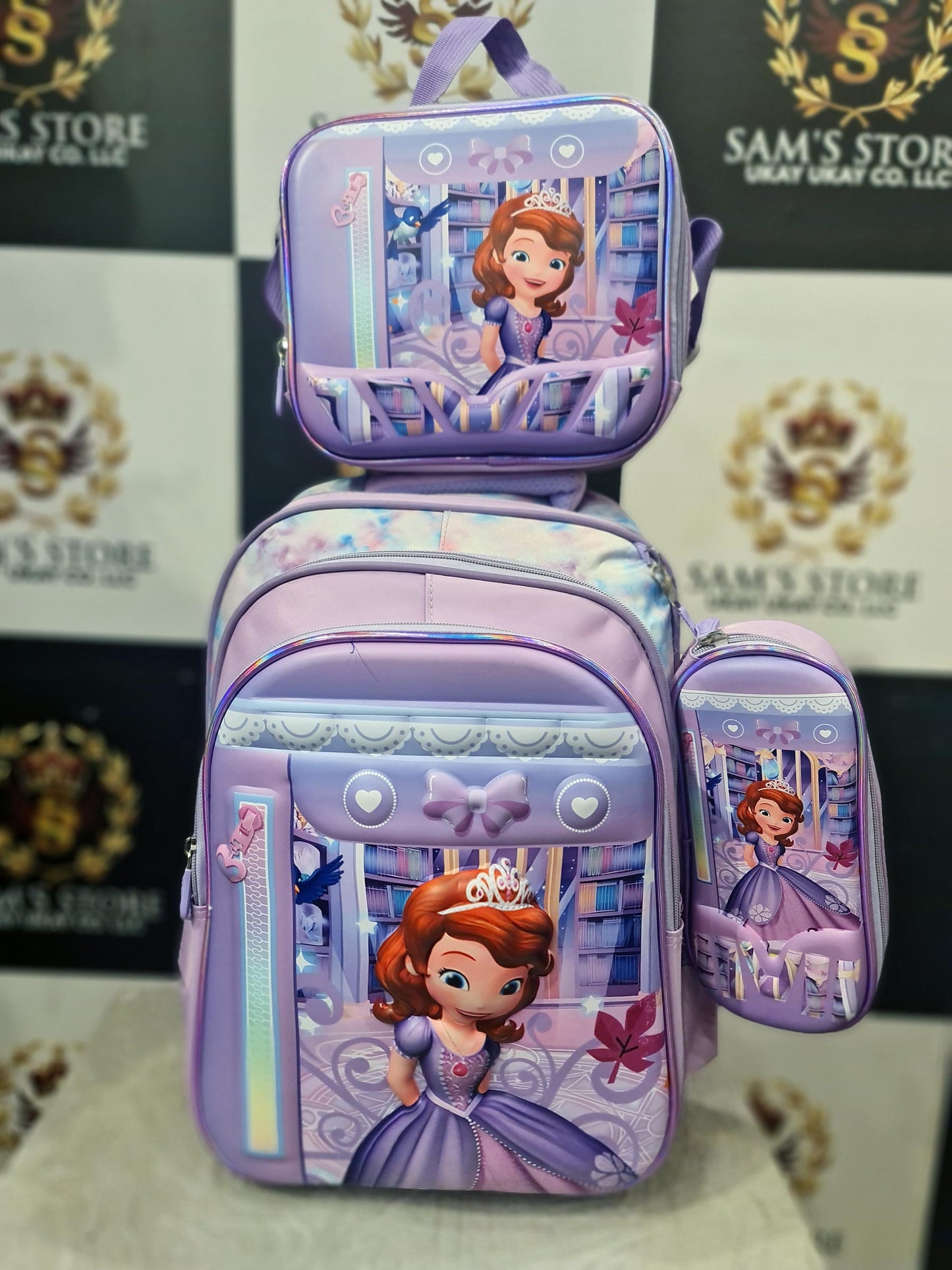 Princess Girl School Bag Set – 3 Pcs (Backpack + Lunch + Pencil Case) – Purple