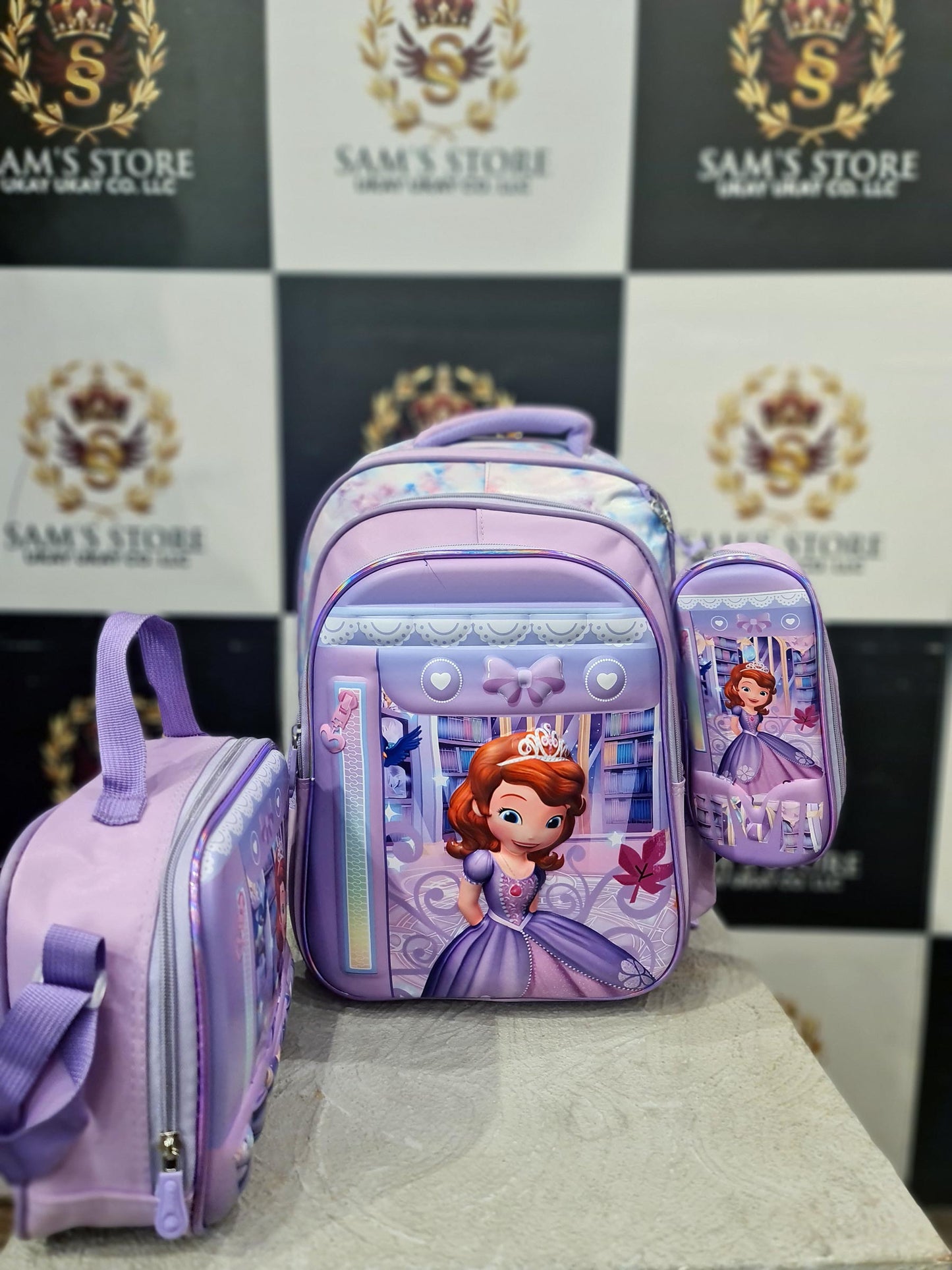 Princess Girl School Bag Set – 3 Pcs (Backpack + Lunch + Pencil Case) – Purple