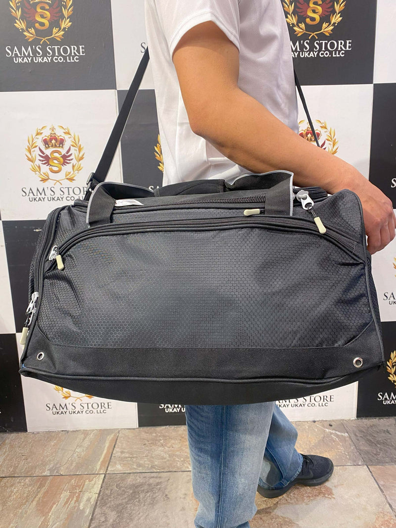 Black Sports Duffle Bag with White Trim – Gym & Travel Bag