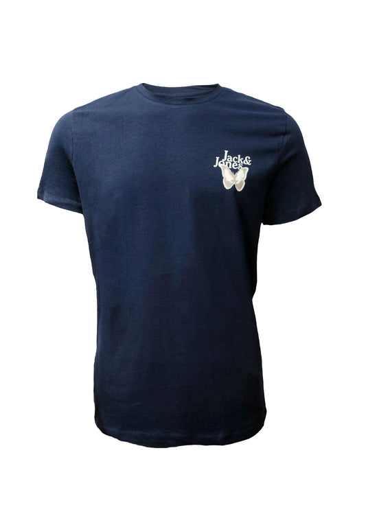Blue unisex Jack & Jones t-shirt with white butterfly chest logo – size L