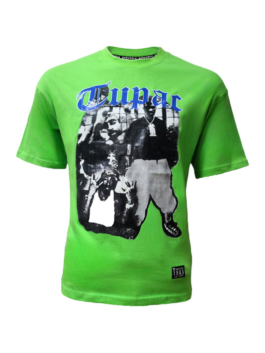 Green Tupac printed T-shirt with blue “H” back design – Medium size
