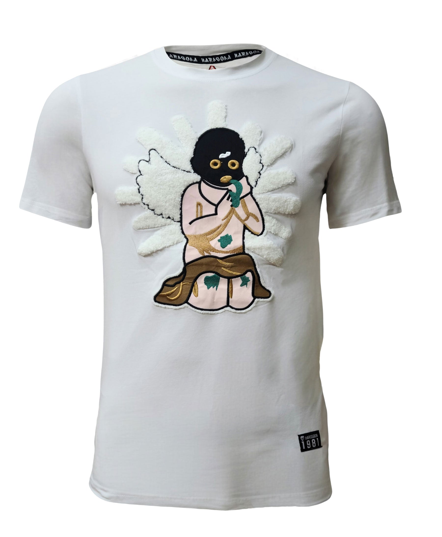 White T-shirt with angel embroidery patch by HARDSODA – unisex streetwear