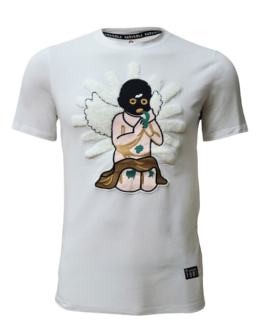 White T-shirt with angel embroidery patch by HARDSODA – unisex streetwear