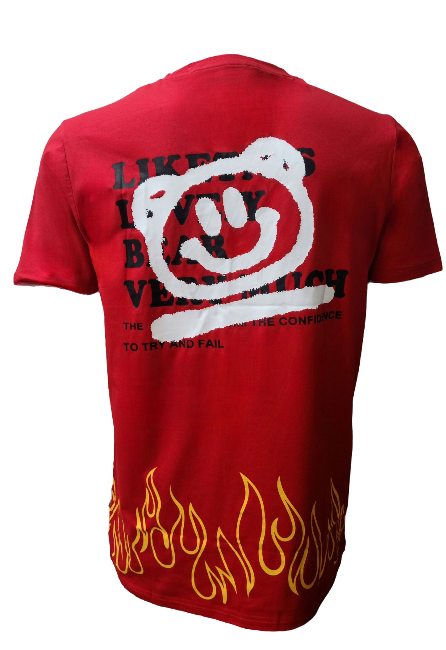 Back view – red HardSoda tee with white smiley graphic and quote print – XL


