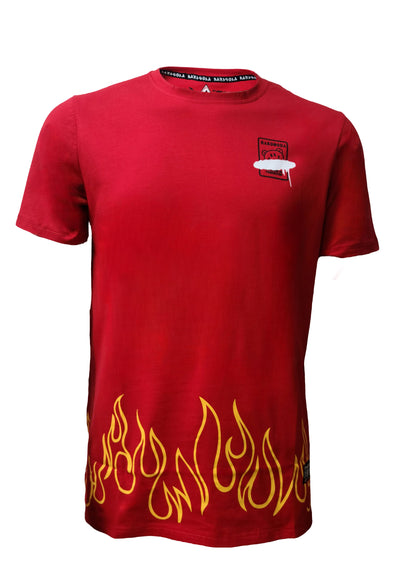 HardSoda unisex red t-shirt with flame border and front badge – XL size