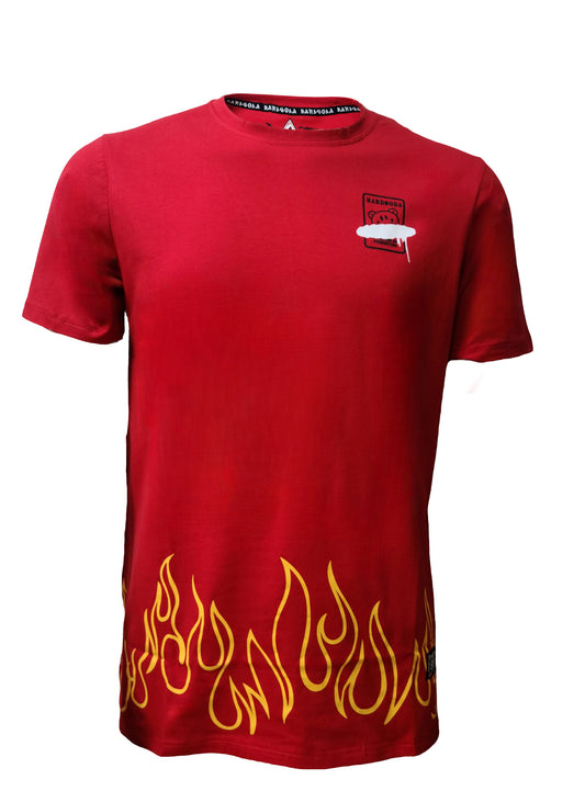 HardSoda unisex red t-shirt with flame border and front badge – XL size