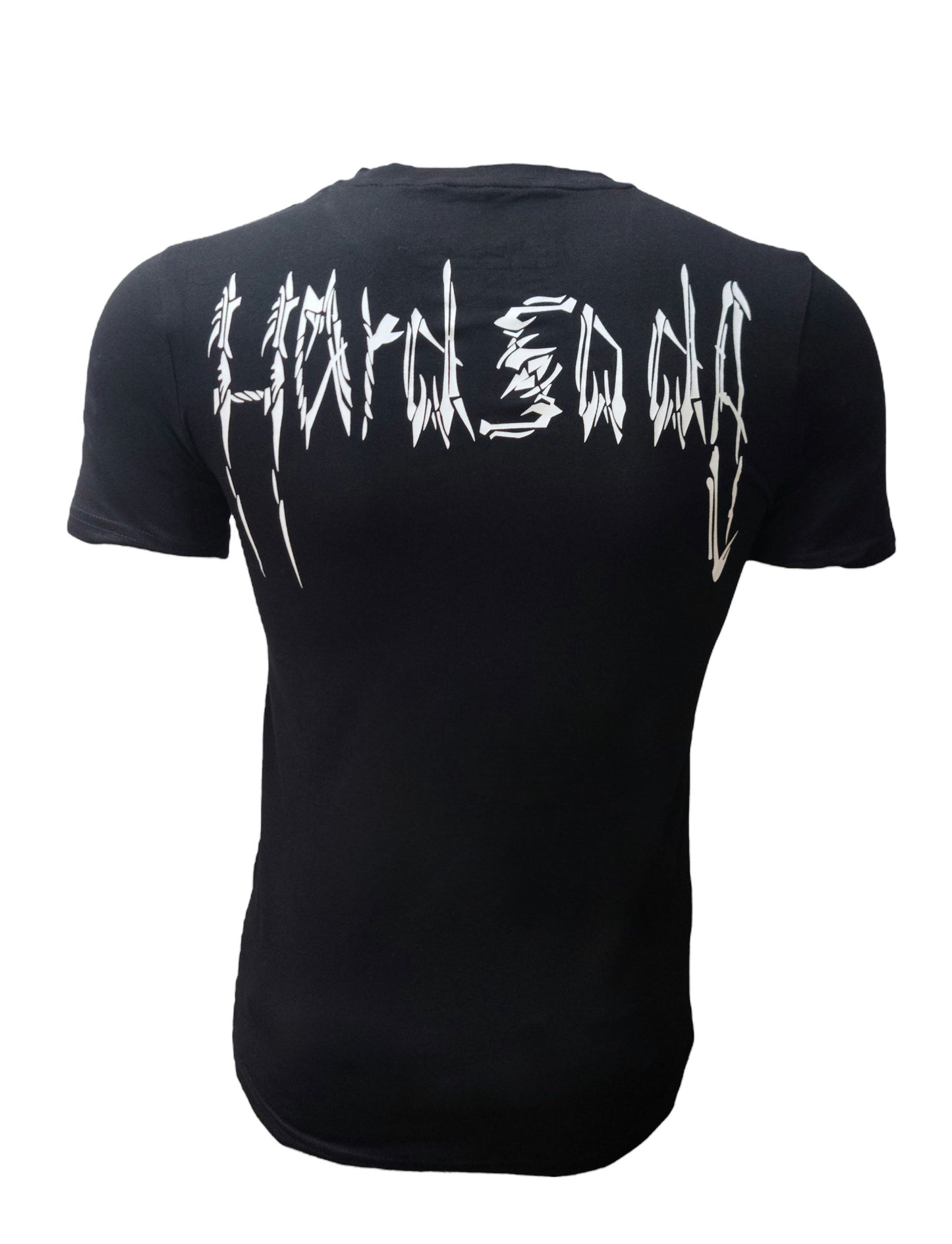 Back view – black HardSoda tee with graffiti-style logo in white – Small