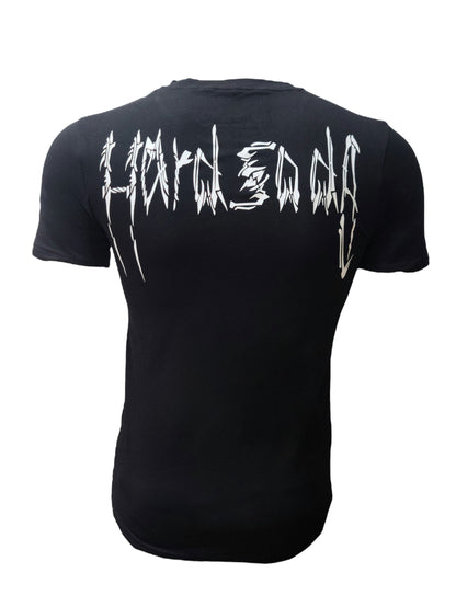 Back view – black HardSoda tee with graffiti-style logo in white – Small