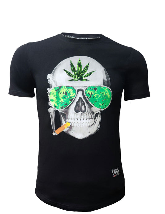 HardSoda unisex black t-shirt with skull and leaf sunglasses print – Small size