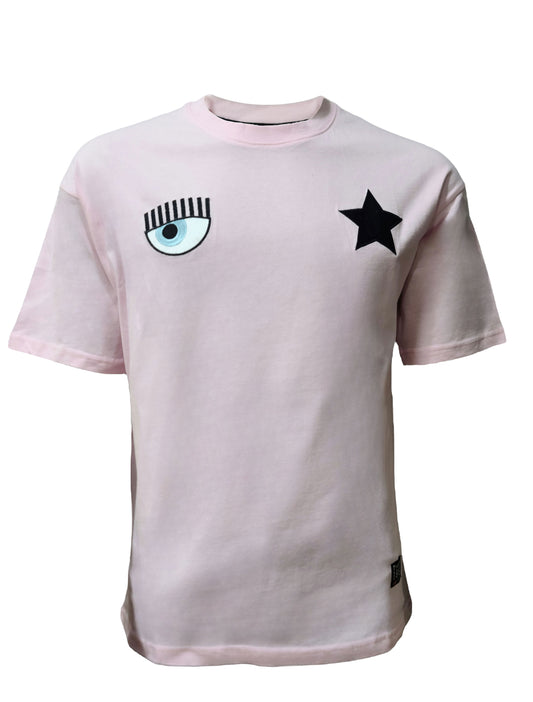Unisex pink graphic t-shirt with “No Smoking by Hard Soda” back print and front eye-star design