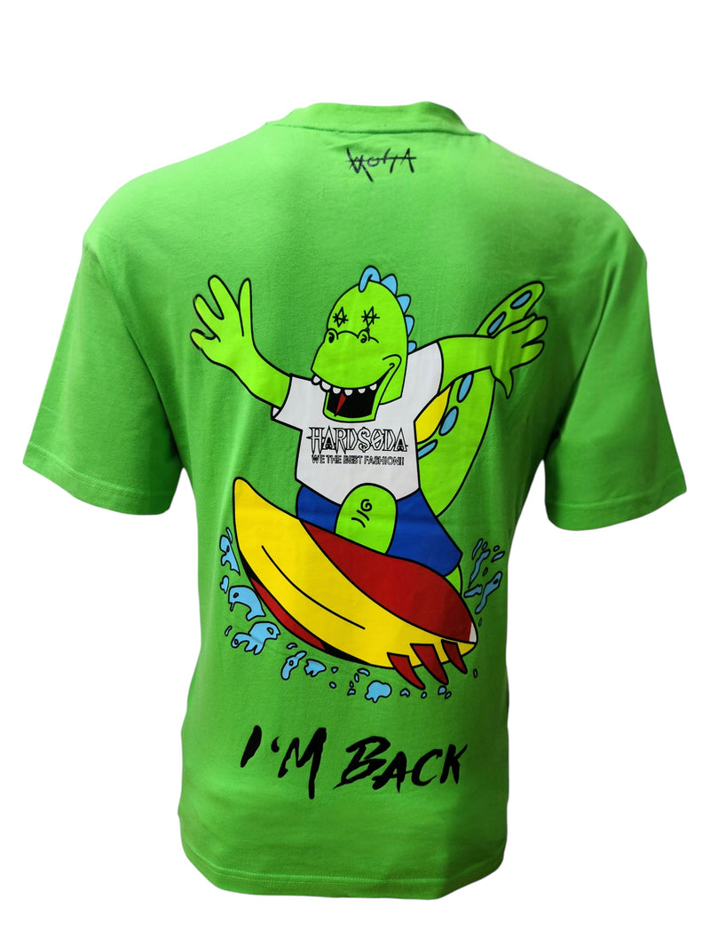 HardSoda Green Cartoon Surf Print Unisex T-Shirt – Size M