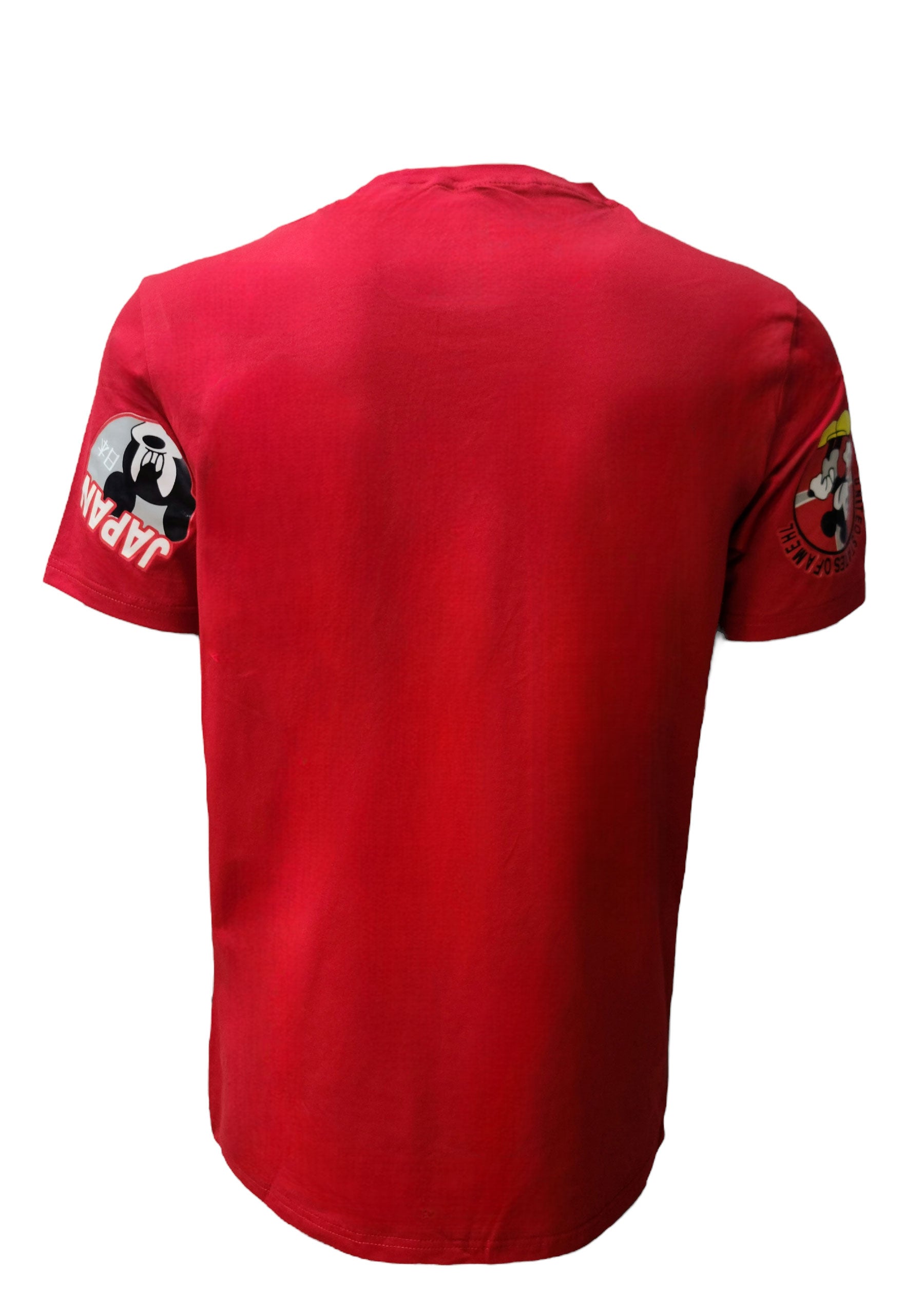 Back view of red HardSoda unisex T-shirt with plain solid design and sleeve prints