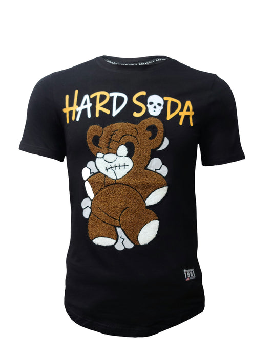 HardSoda unisex black t-shirt with teddy bear texture and skull lettering – Medium size