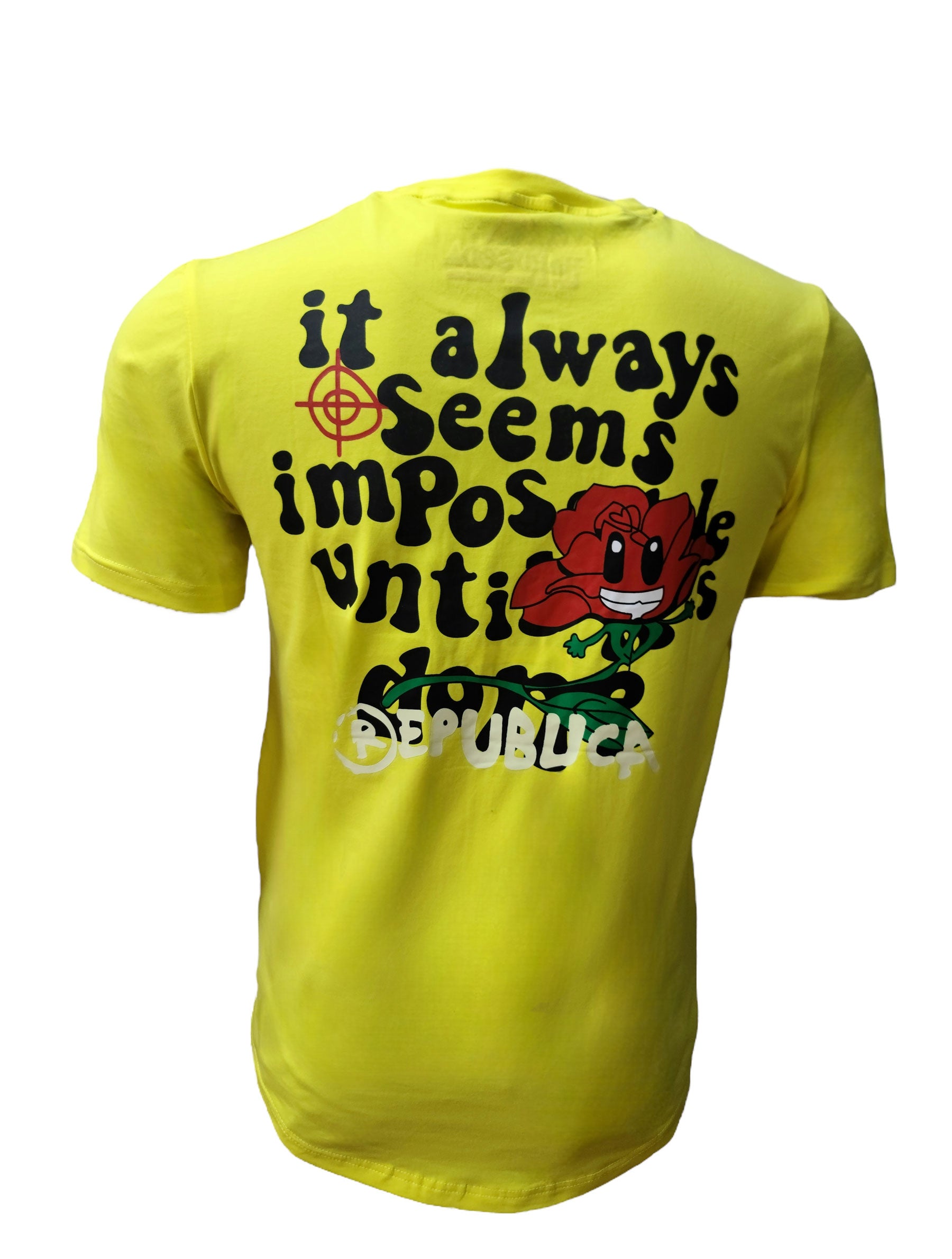 Back view – yellow HardSoda tee with quote and cartoon flower design – Large