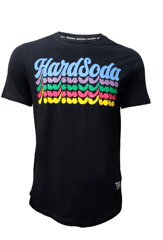 HardSoda unisex black t-shirt with rainbow stacked logo on front – XL size